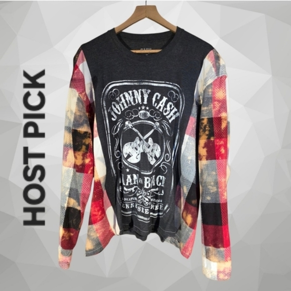 Upcycled Tops - Upcycled Plaid Johnny Cash Long Sleeve Graphic Tee Unisex